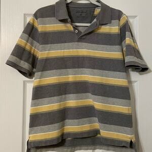Eddie Bauer - Mens Grey and Yellow Stripped Cotton Polo Shirt - Size Medium